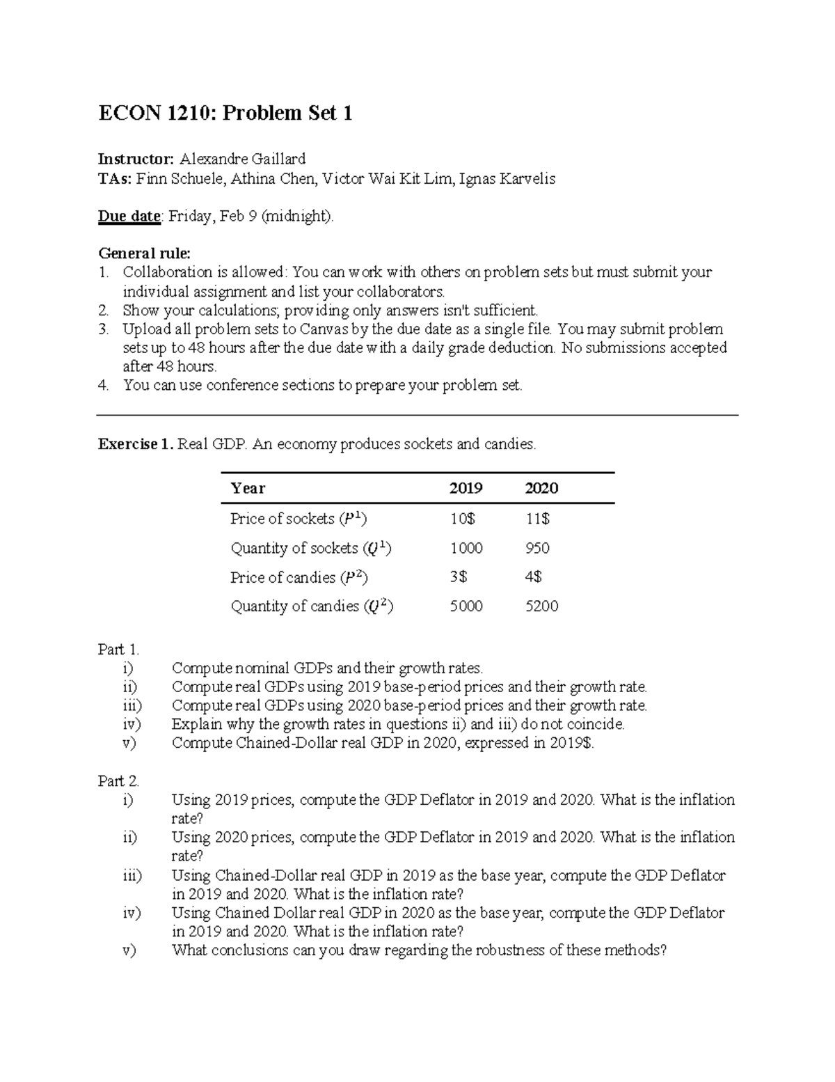 PSET1 - First homework assignment - ECON 1210: Problem Set 1 Instructor ...