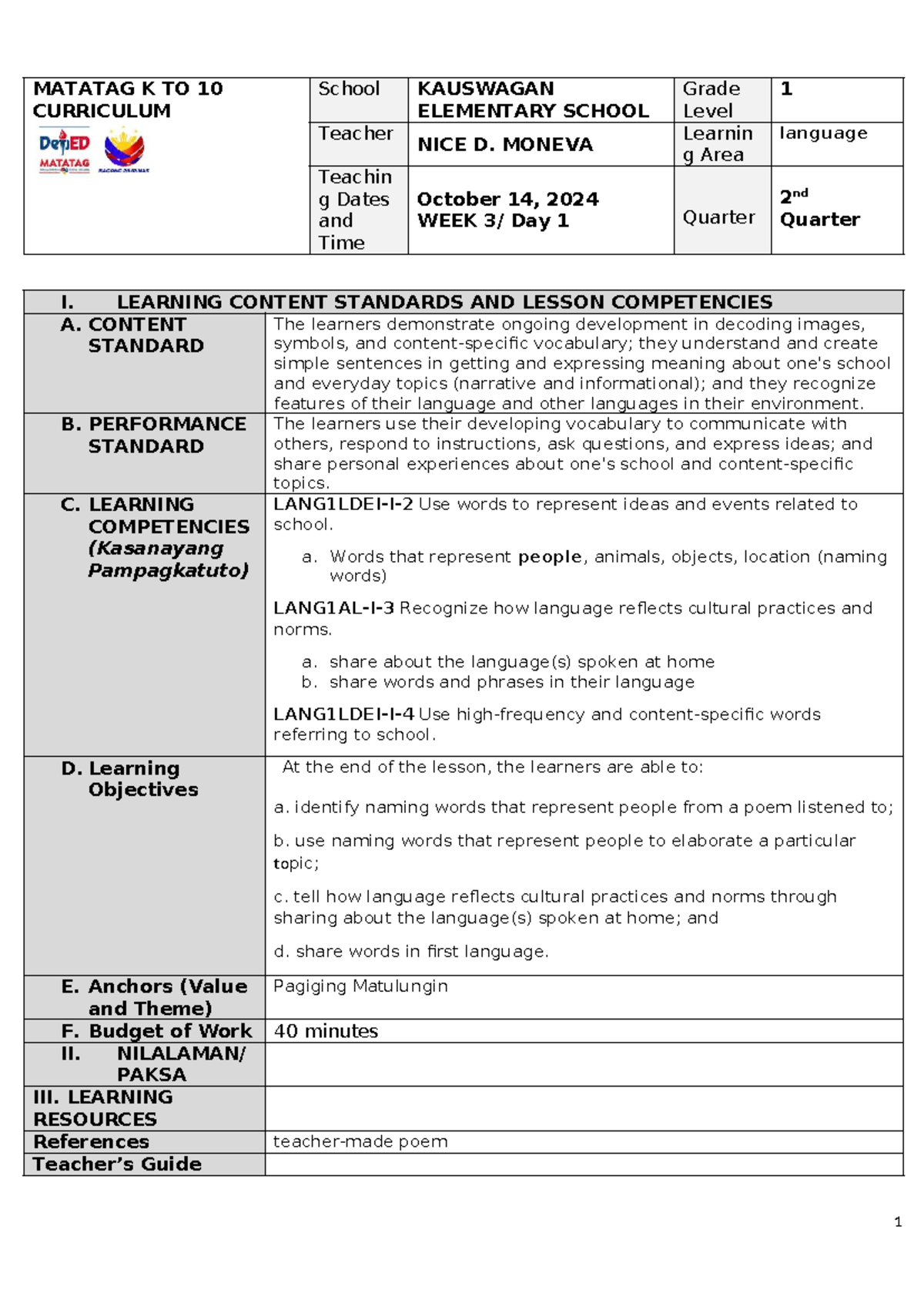 MATATAG K TO 10 CURRICULUM: Week 3 Day 1 Lesson Plan - Studocu