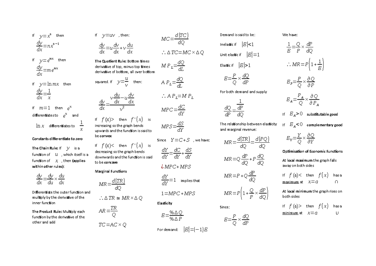 Cheat Sheet - Summary on Intro to Mathematical Economics I - Studocu