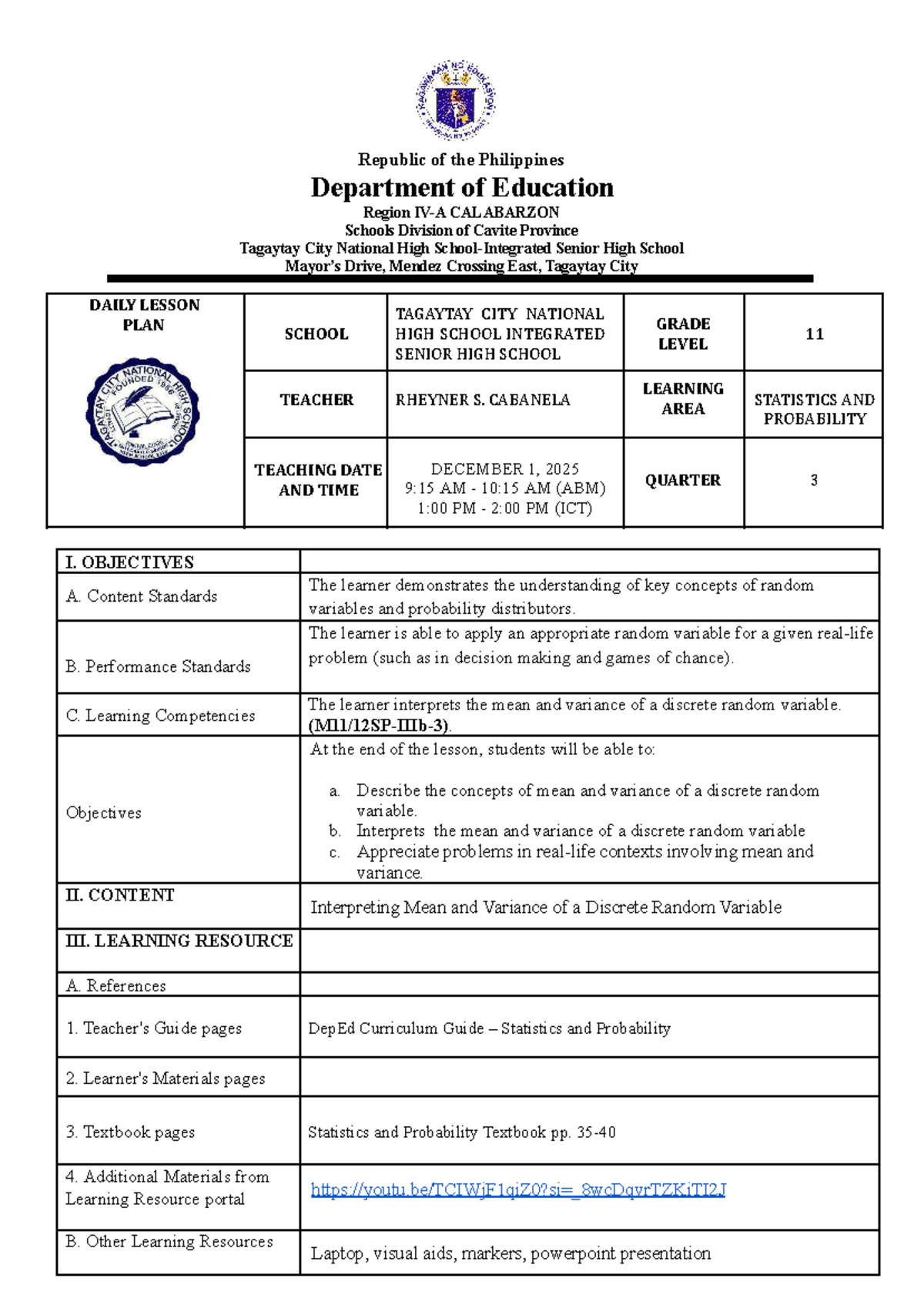 Daily Lesson Plan: Statistics & Probability (Grade 11) - Dec 1, 2025 ...