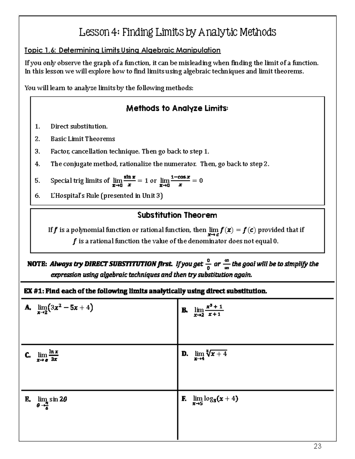 1.4 Limits by Analytic Methods (Lesson Notes) - Studocu