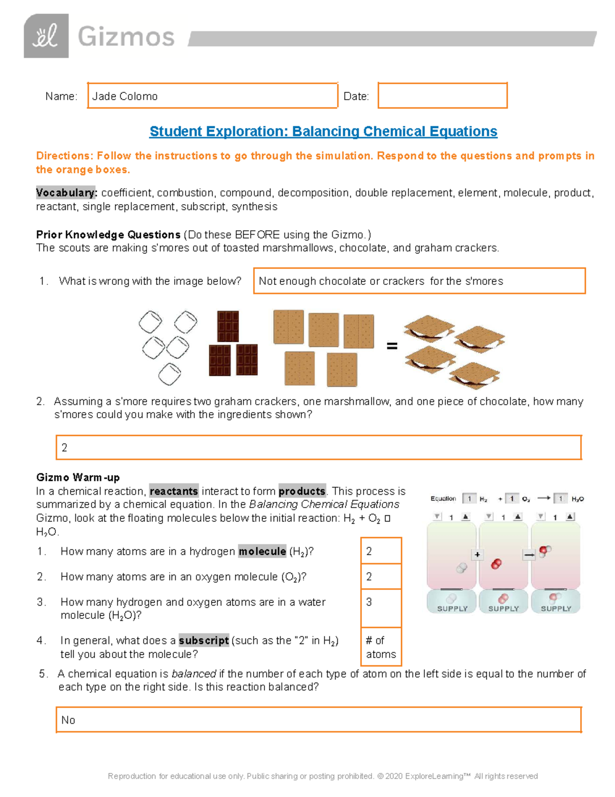 Copy of SE: Balancing Chemical Equations Exploration - Studocu