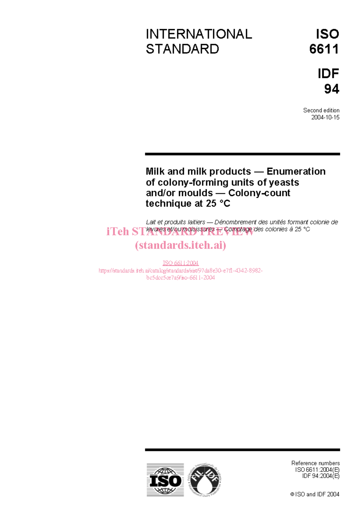 ISO 6611:2004 IDF 94 - Enumeration of Yeasts and Moulds in Dairy ...