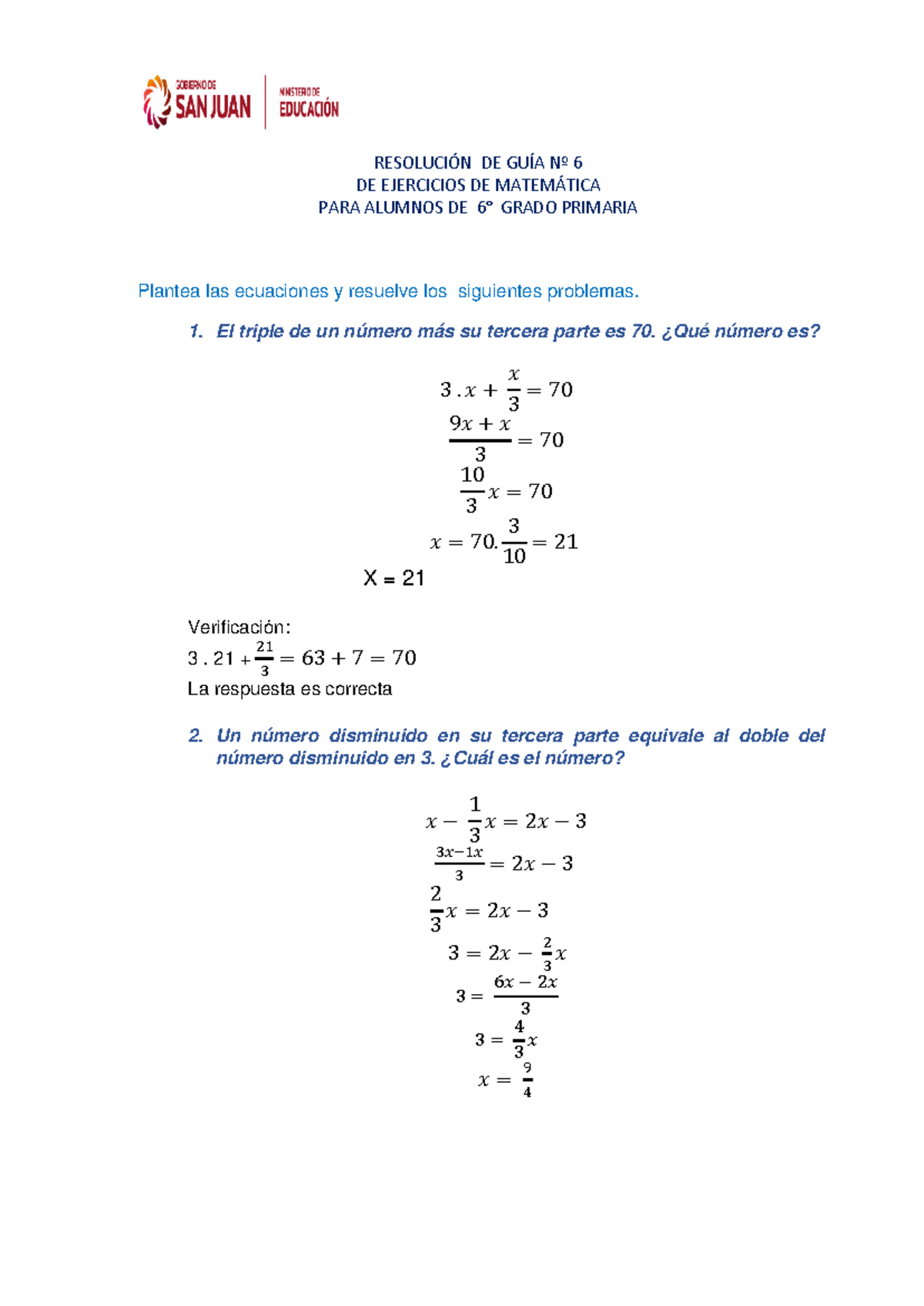 Ejercicios de Matemáticas 1 - Guía N° 6 para 6° Grado Primaria - Studocu