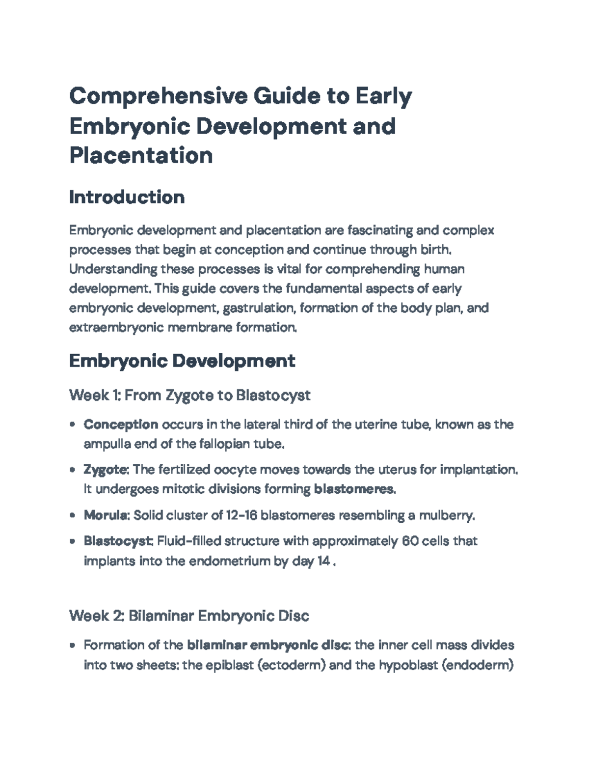 Comprehensive Overview of Early Embryonic Dev. & Placentation - Studocu