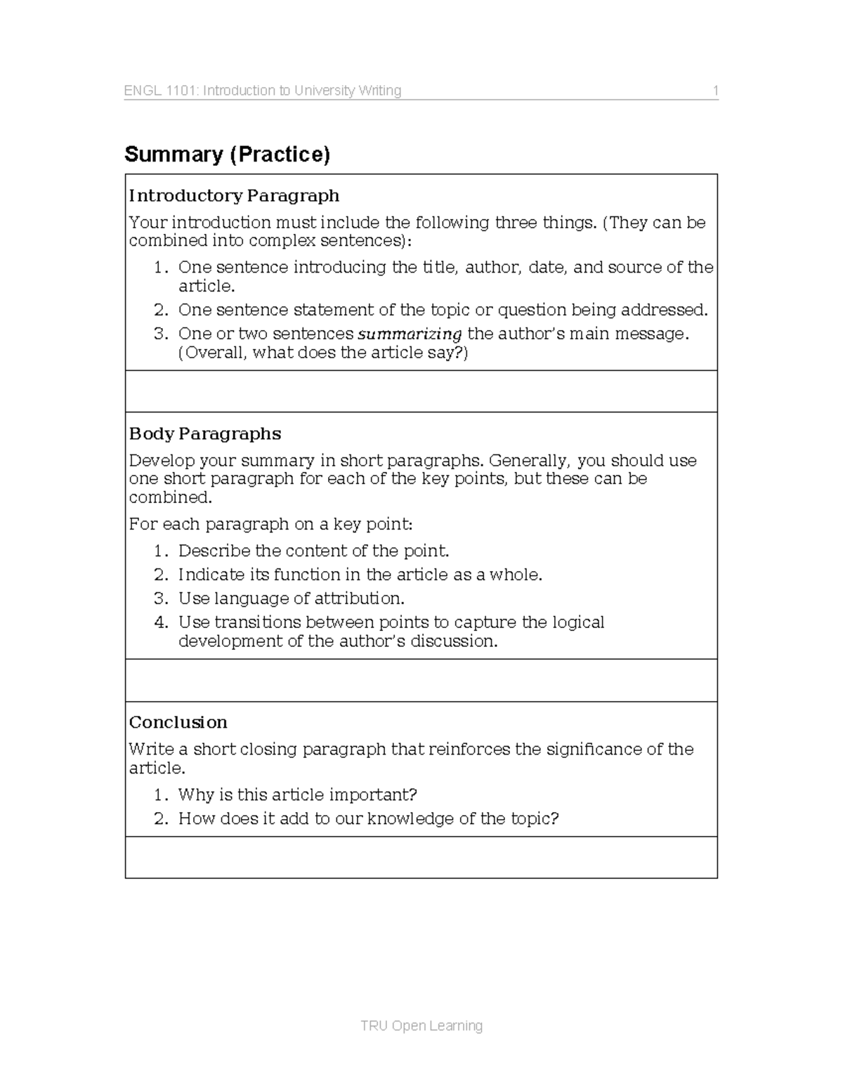 ENGL1101 Summary Practice Guidelines and Structure - Studocu