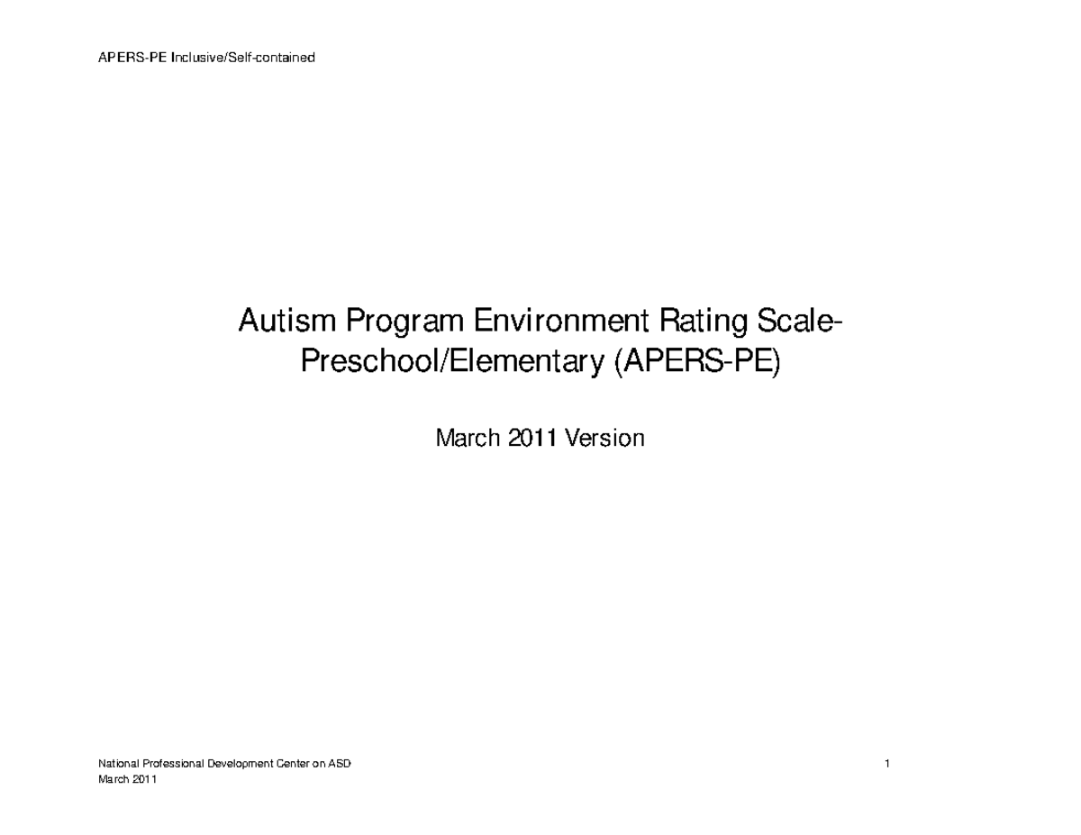 APERS-PE Preschool/Elementary Rating Scale - March 2011 Guide - Studocu