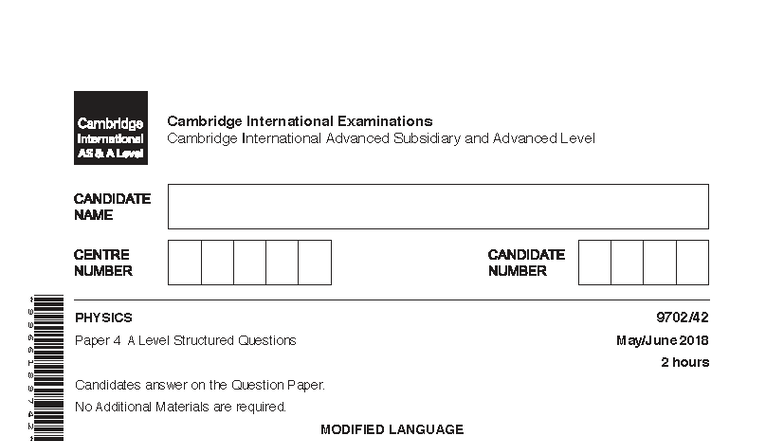 A Level Physics 9702 Paper 4 Structured Questions 2018 - Studocu
