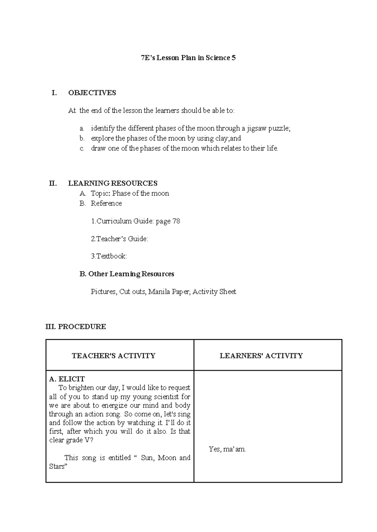 Science 5 Phases of the Moon Detailed Lesson Plan (7E's) Studocu