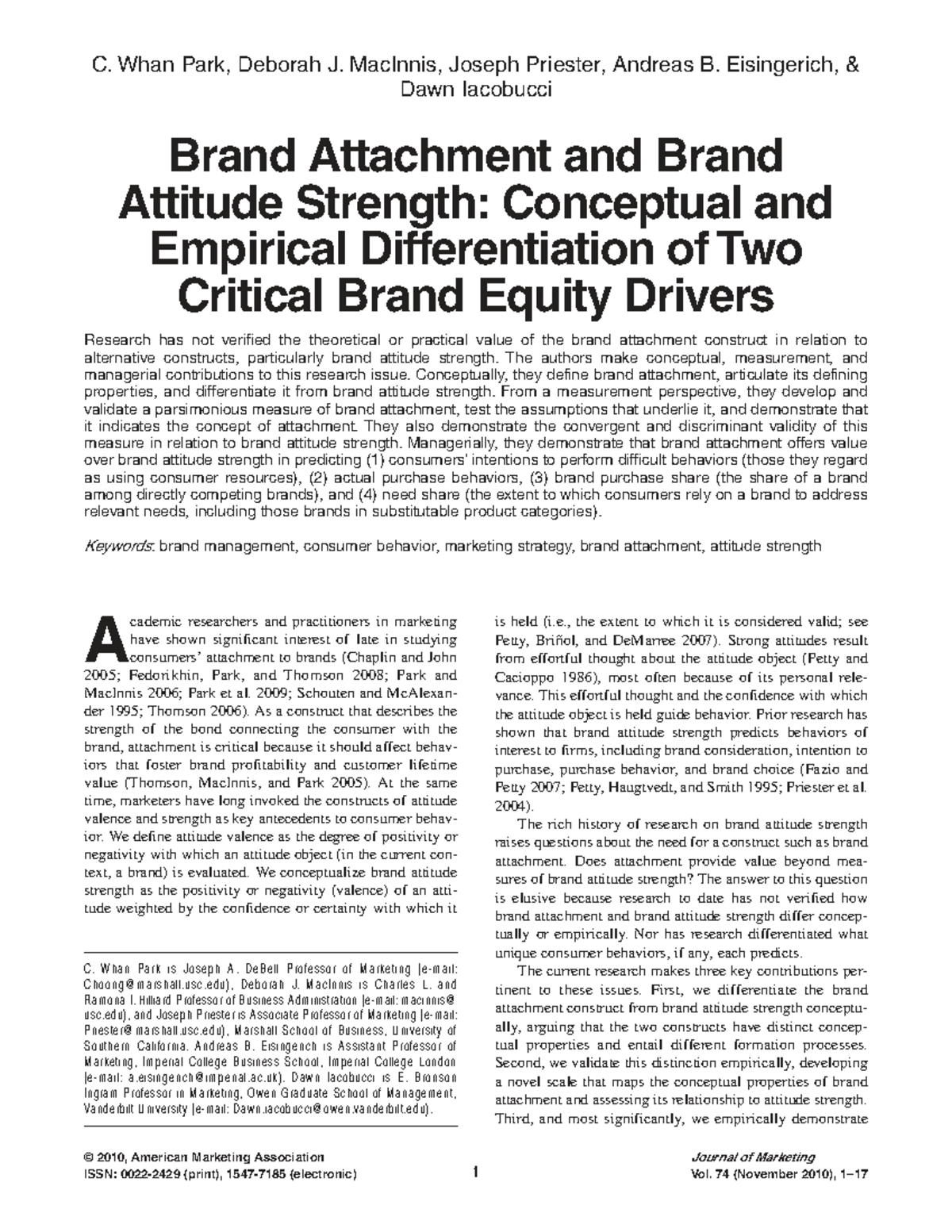 Brand Attachment vs. Brand Attitude Strength: Insights from Marketing ...