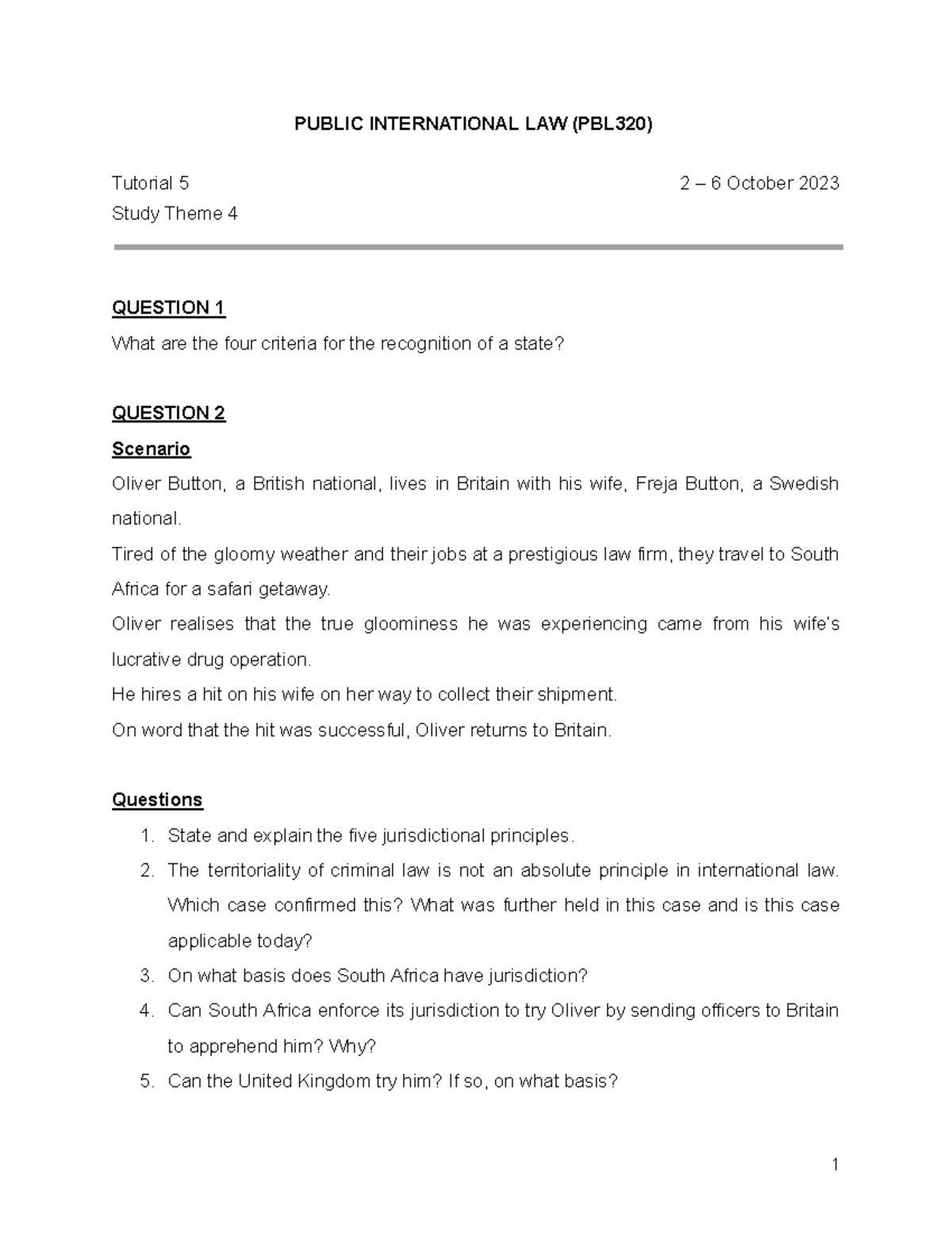 PBL320 Tutorial 5 Worksheet: Key Concepts in International Law - Studocu