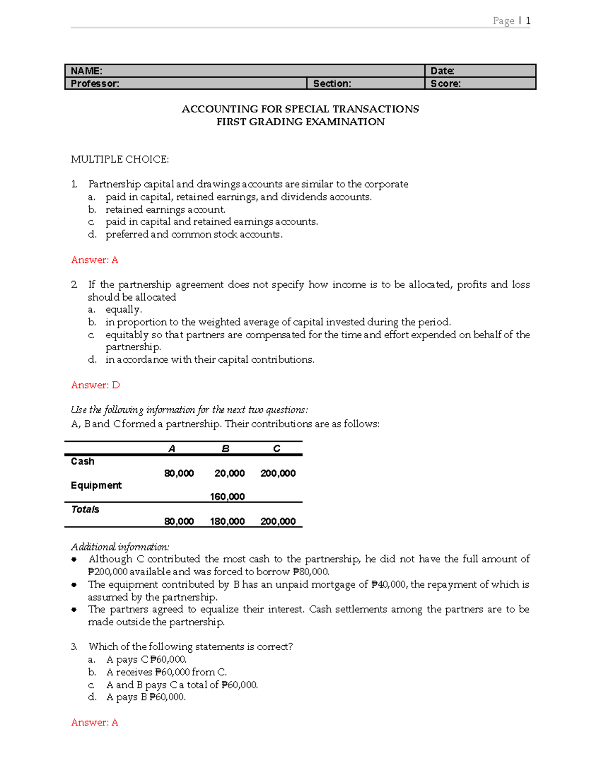 ACC110 P1 First Grading Exam - Accounting for Special Transactions ...