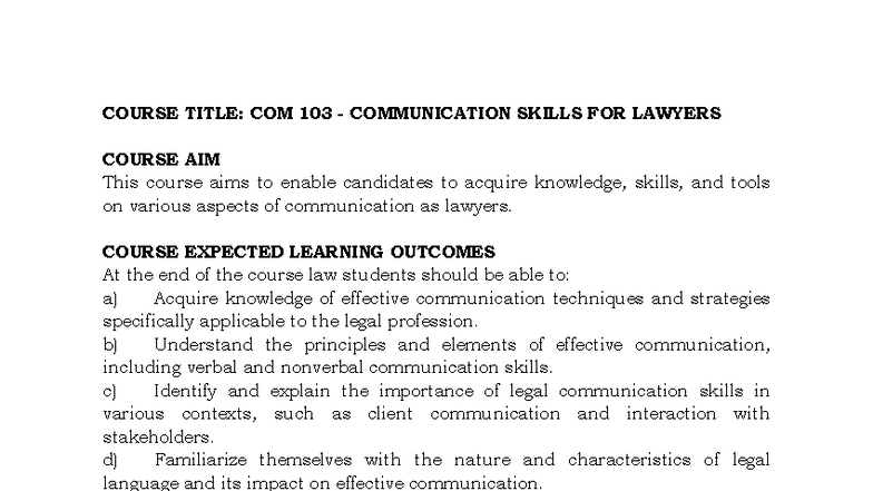 COM 103 - LAW - Effective Communication Skills for Lawyers - Studocu