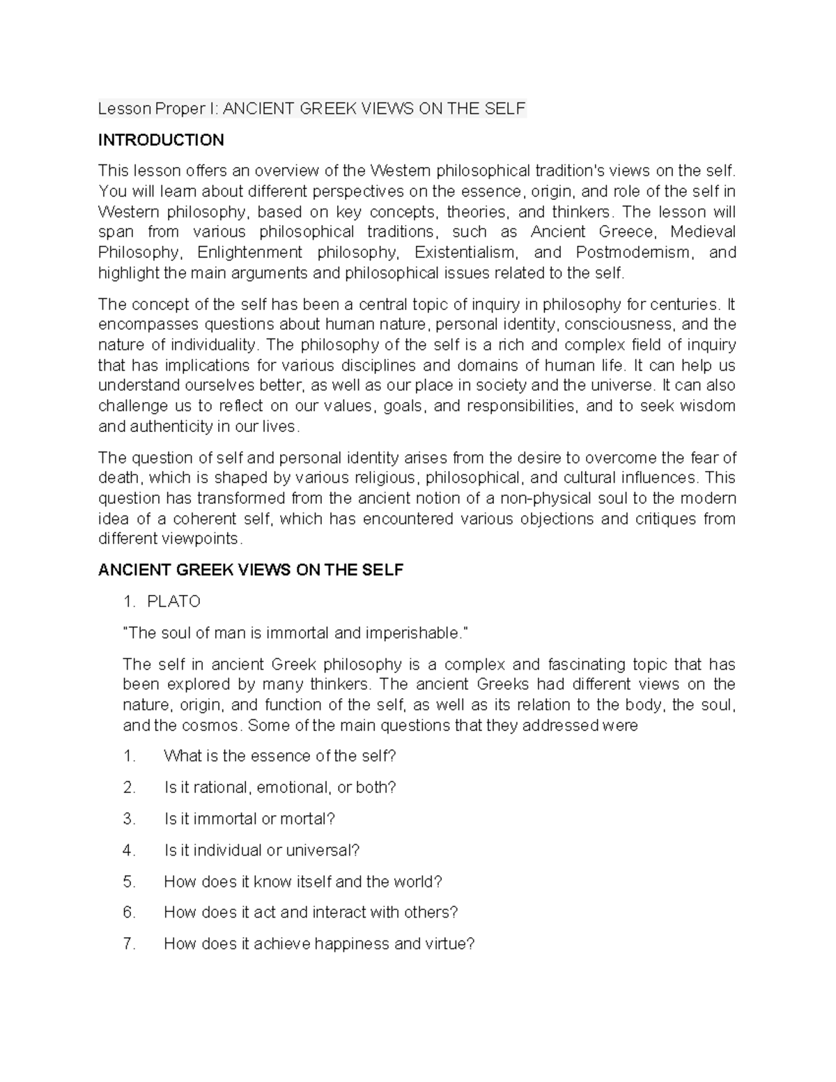 Lessons UTS: Philosophical Perspectives on the Self in Western ...