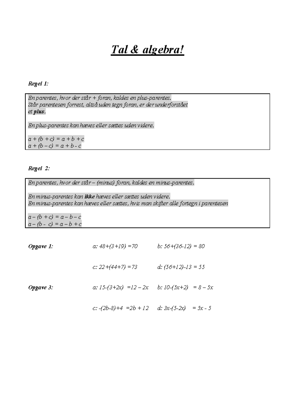 Regnereglerne for Tal & Algebra: Vigtige Regler og Opgaver - Studocu