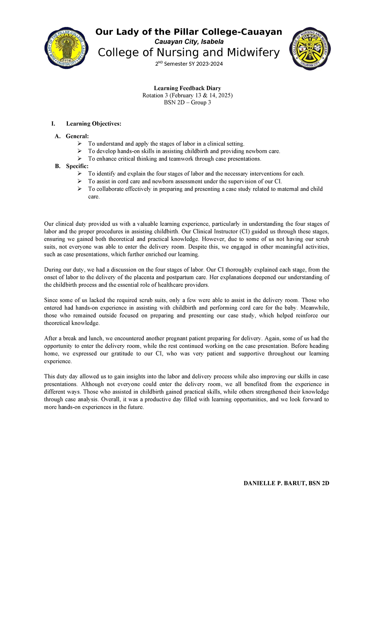 BSN 2D Learning Feedback Diary: Clinical Rotation 3 Reflection - Studocu