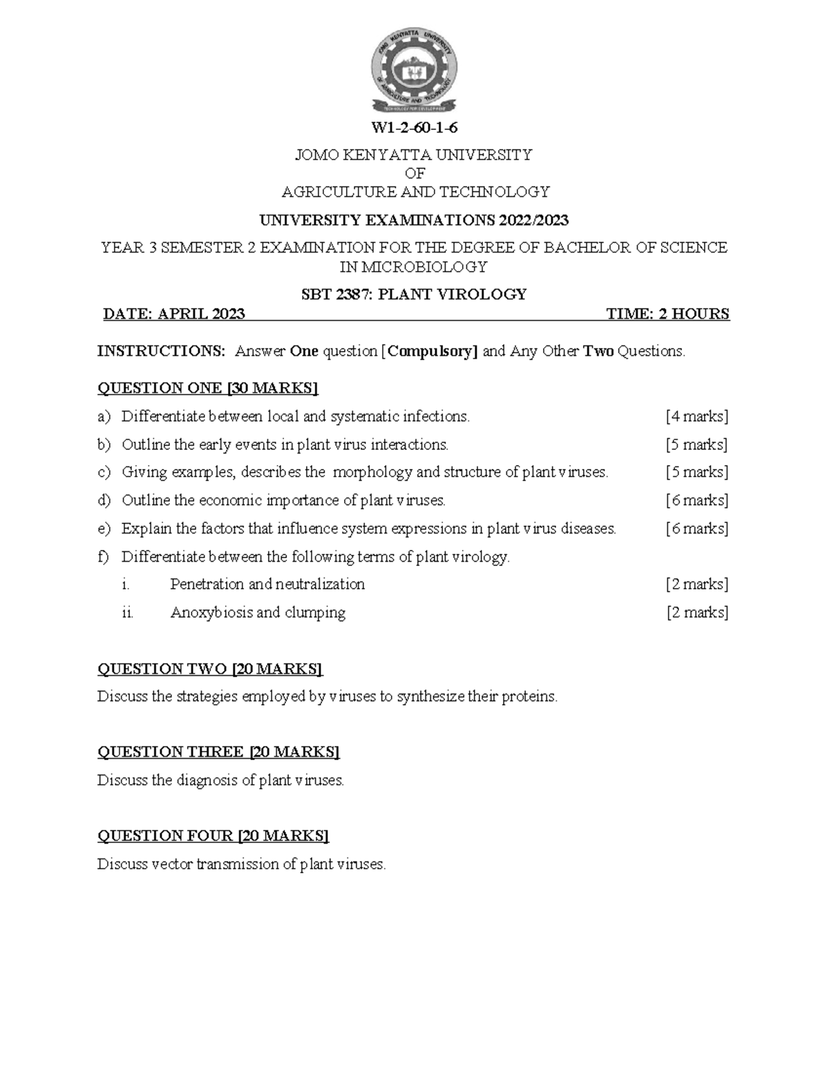 SBT 2387: Plant Virology Exam - Year 3 Semester 2 Notes - Studocu