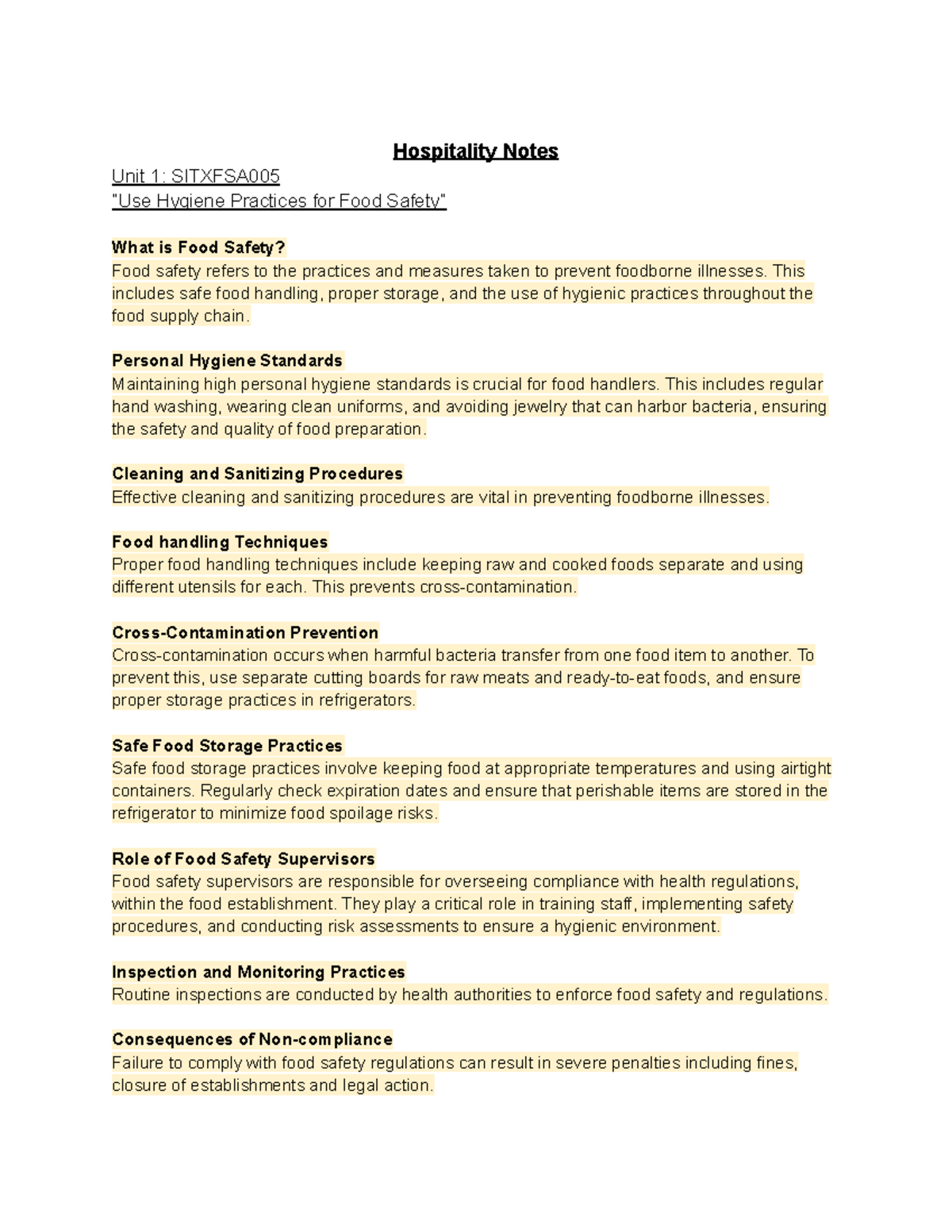 Hospitality Notes: SITXFSA005 & SITXWHS005 Hygiene & Safety Practices ...