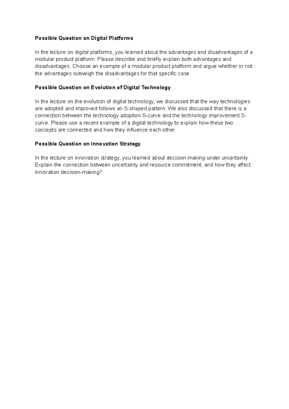 Possible Questions on Digital Technologies and Innovation Strategies ...