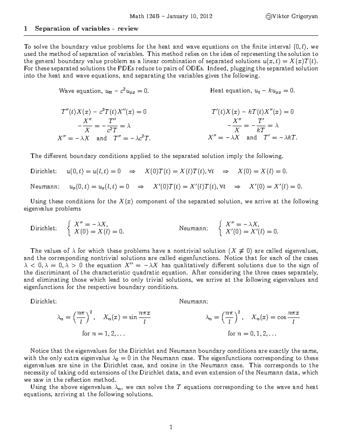 Math 124B: Separation of Variables for Wave & Heat Equations Review ...
