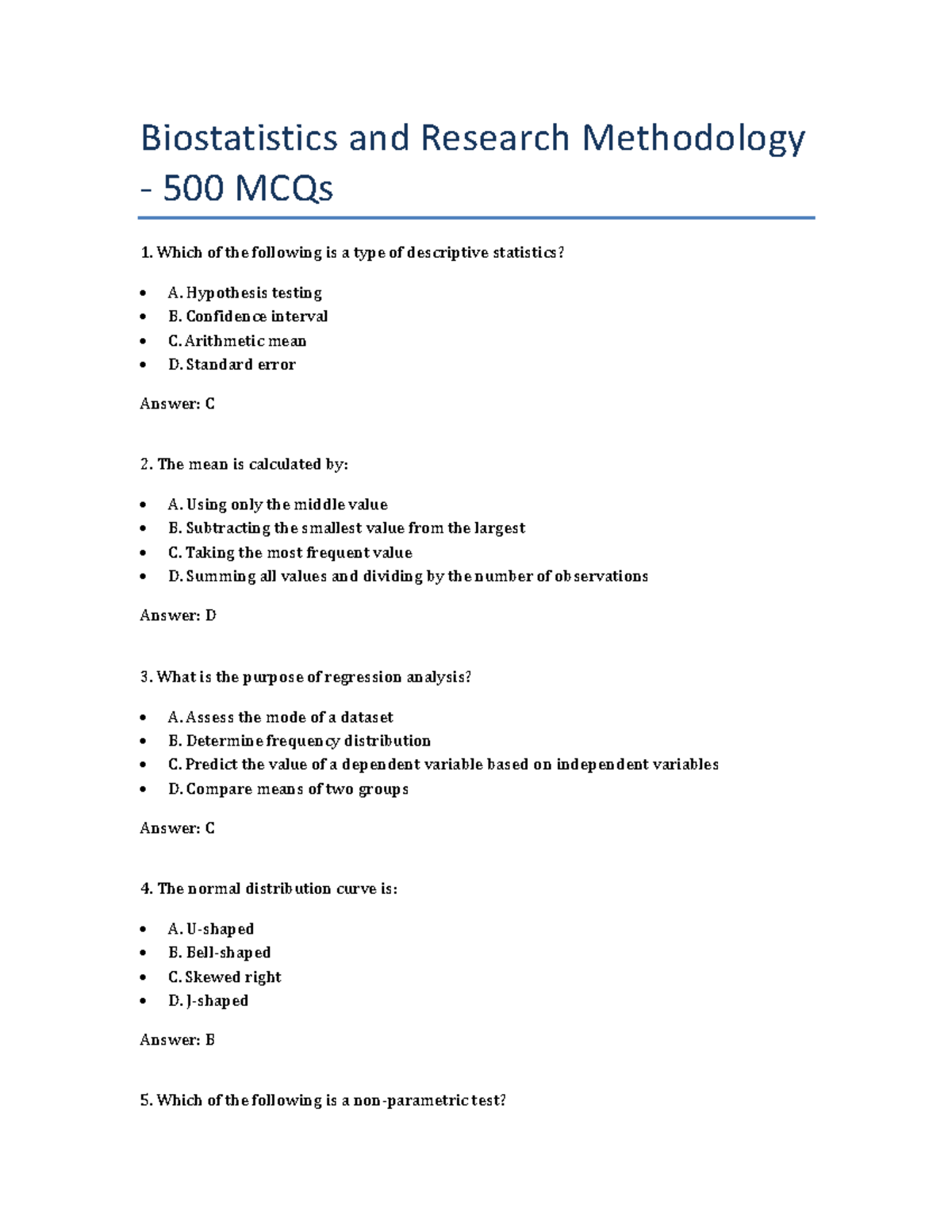 BRM 500 MCQs - Biostatistics and research methodology - Biostatistics ...