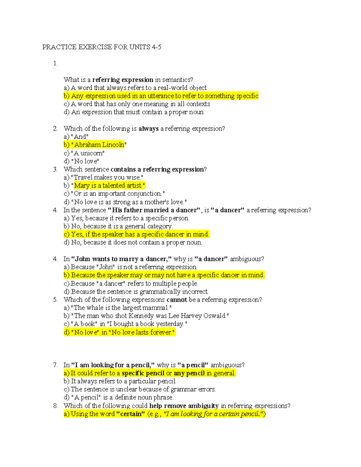 Practice Exercise for Units 4: Referring Expressions in Semantics - Studocu