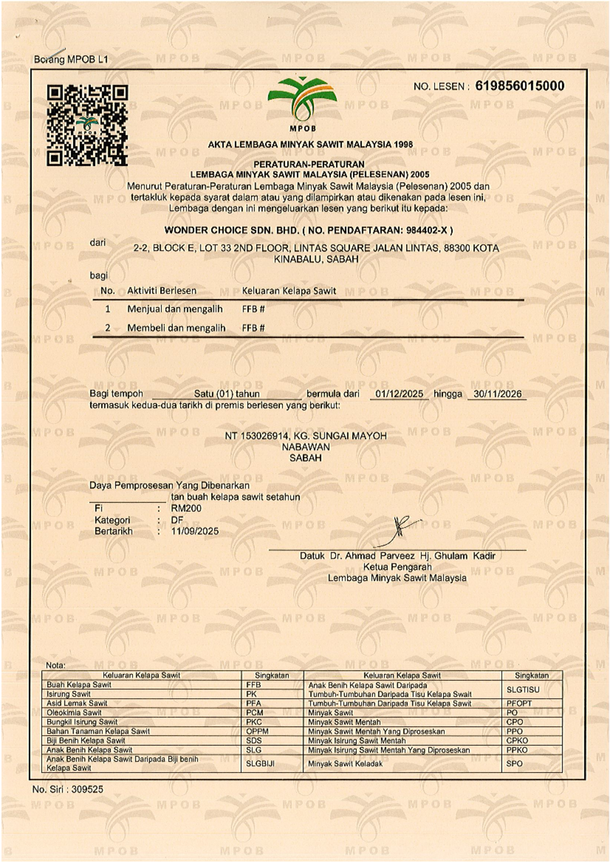 MPOB License for WONDER CHOICE SDN. BHD. (2025-2026) - Studocu