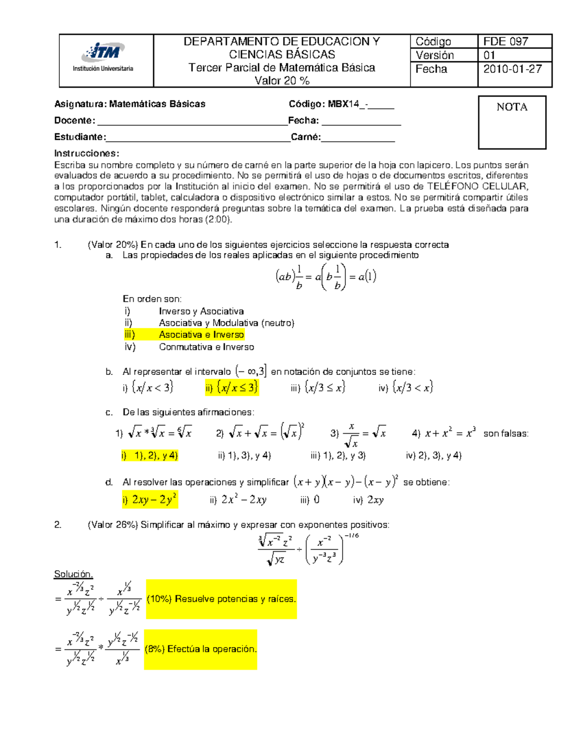 Examen Final Matemáticas Básicas MBX 14 - FDE 097, 6 Marzo 2018 - Document Preview