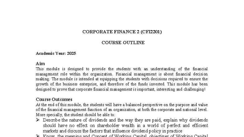 CFI2201 Corporate Finance 2 Course Outline for Academic Year 2025 - Studocu