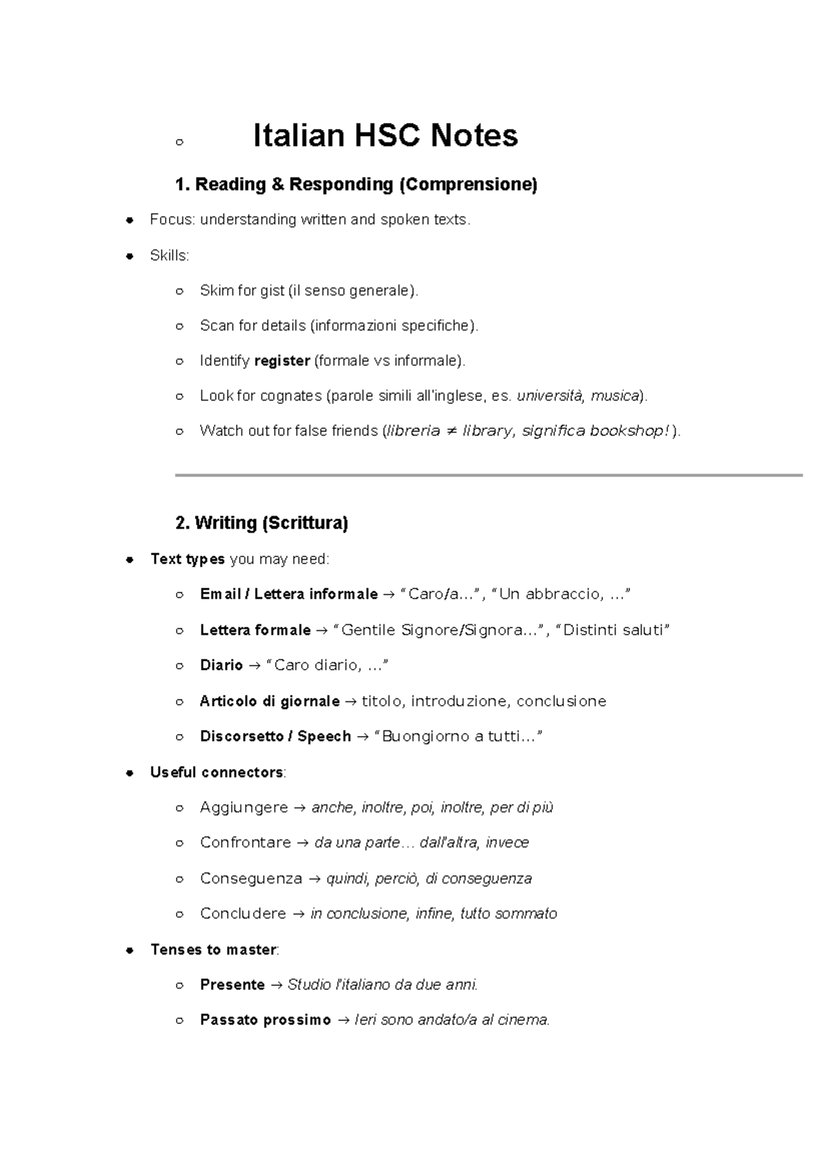 Italian HSC Notes: Reading, Writing, Speaking & Vocabulary Guide - Studocu