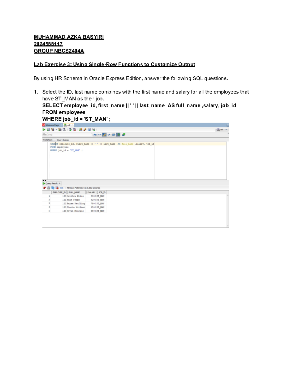 Lab Exercise 3: SQL Functions for Customizing Outputs in Oracle - Studocu