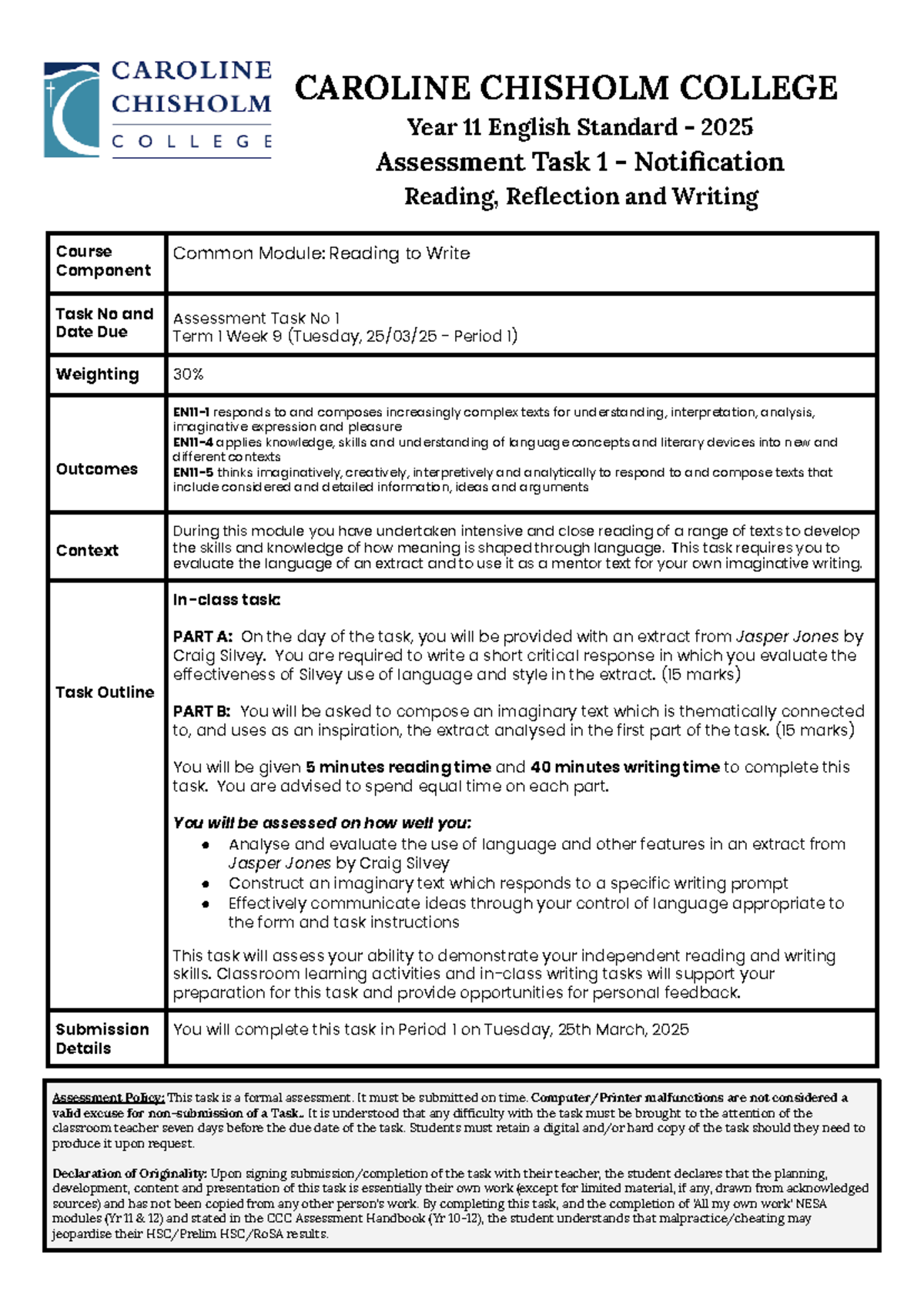 Year 11 English Standard 2025 Assessment Task 1: Reading & Writing ...