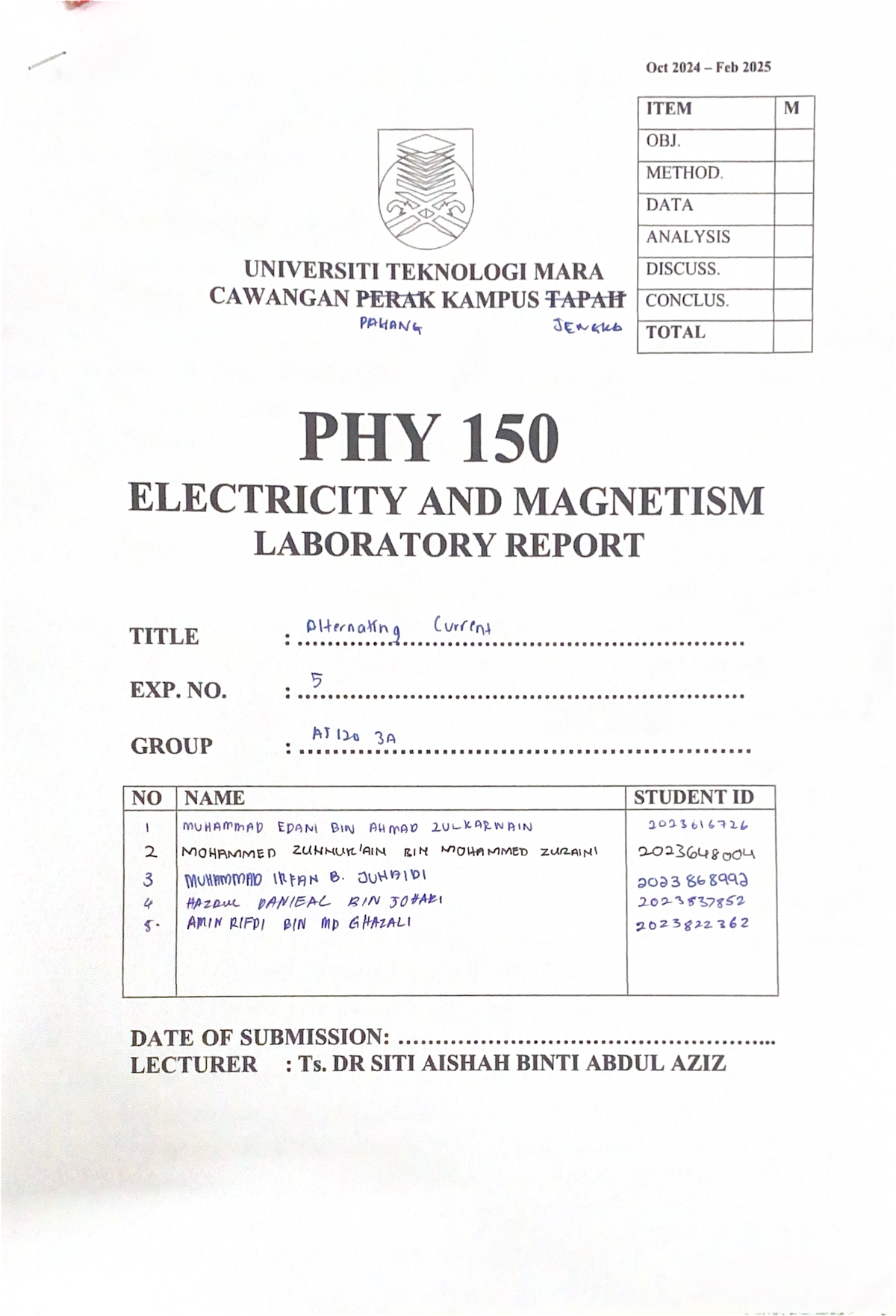 PHY 150 LAB 5 Kumpulan 4 - thats all i have - Oct 2024 Feb 2025 ITEM M ...