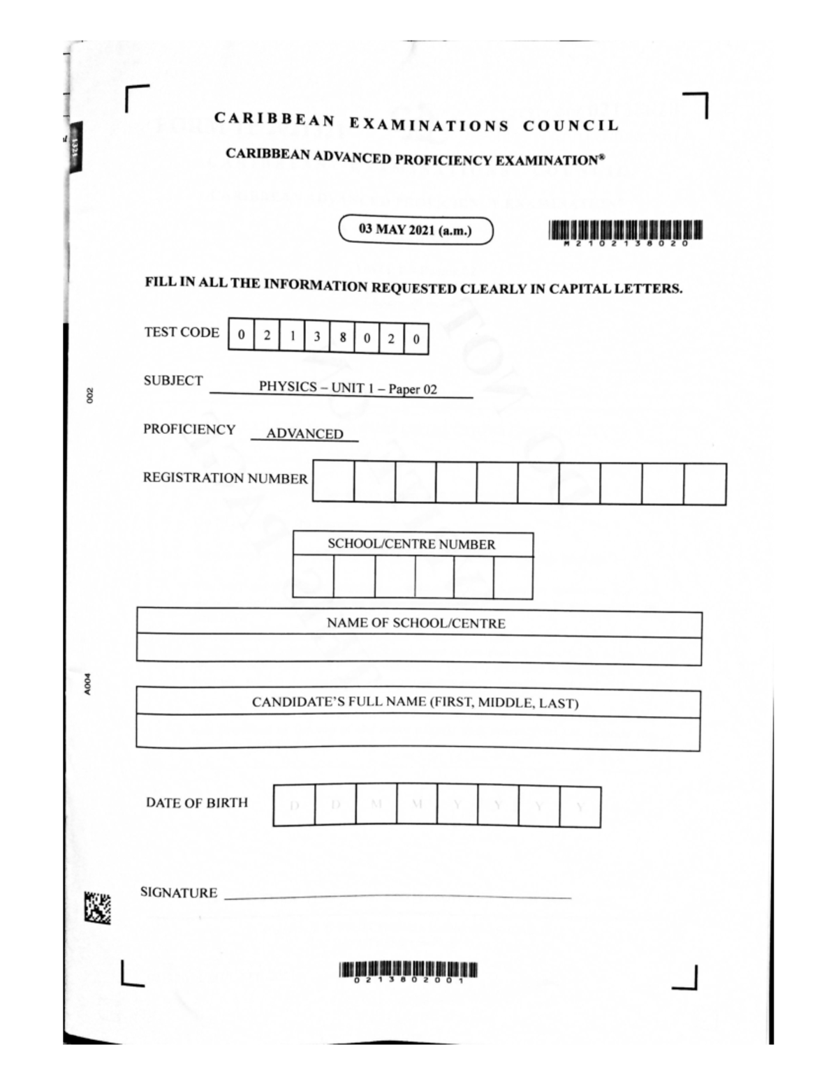 Physics 2021 CAPE Unit 1 Paper 02 Exam Instructions and Questions - Studocu