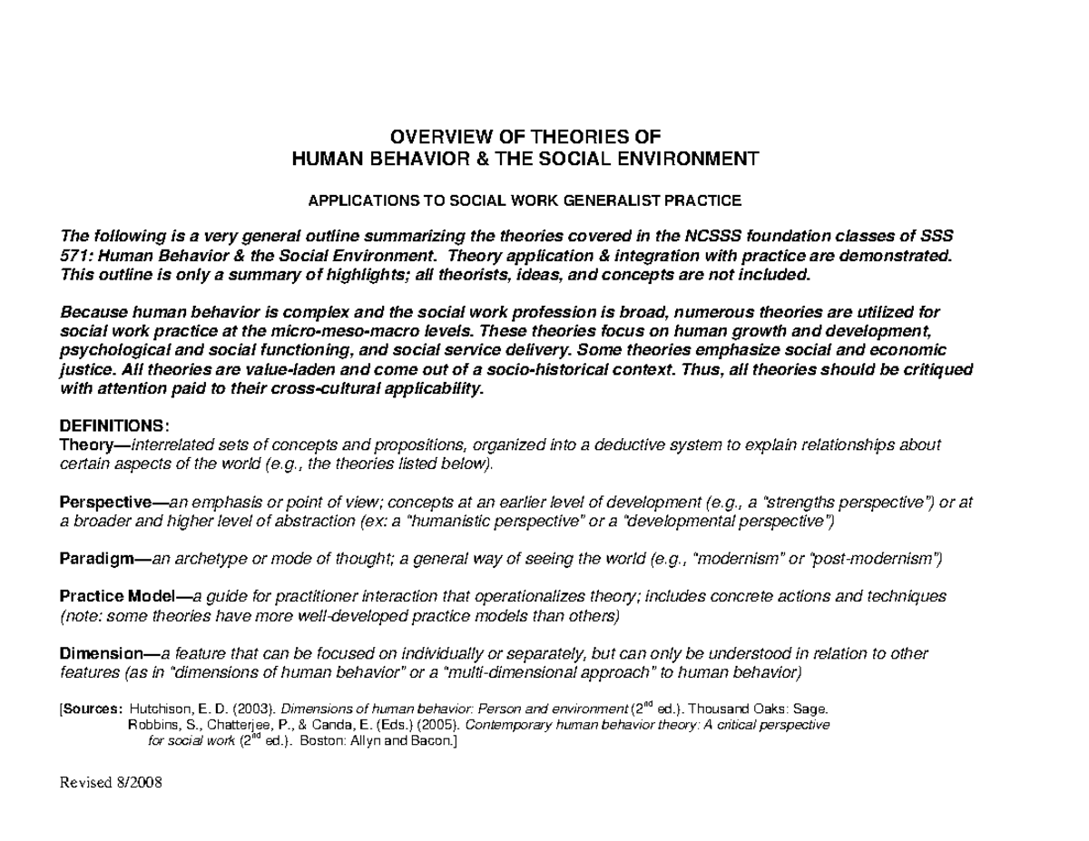 Theories of Human Behavior: Integration for SW Practice (SW 571) - Studocu