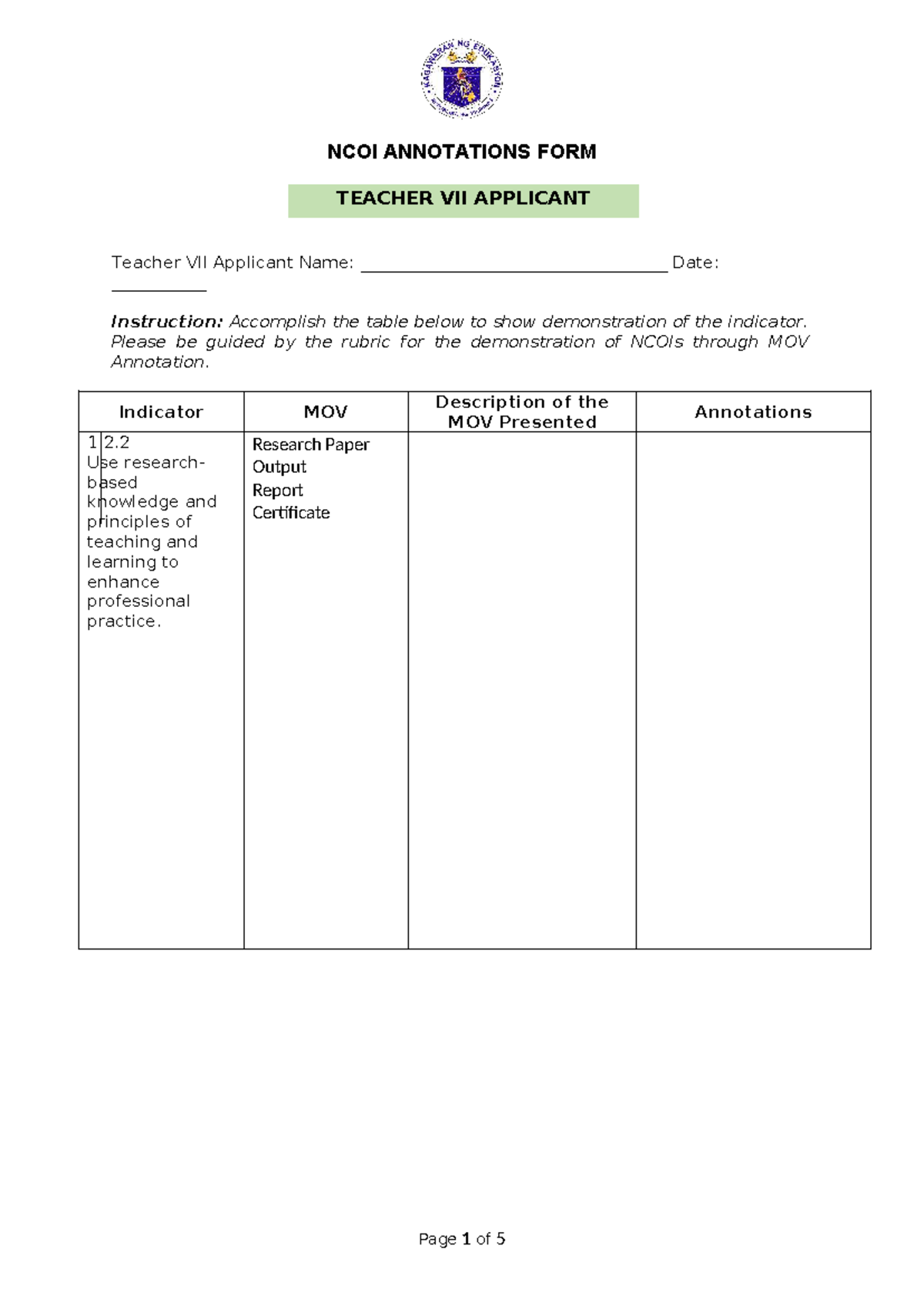 NCOI Annotations Form for Teacher VII Applicant Evaluation - Studocu