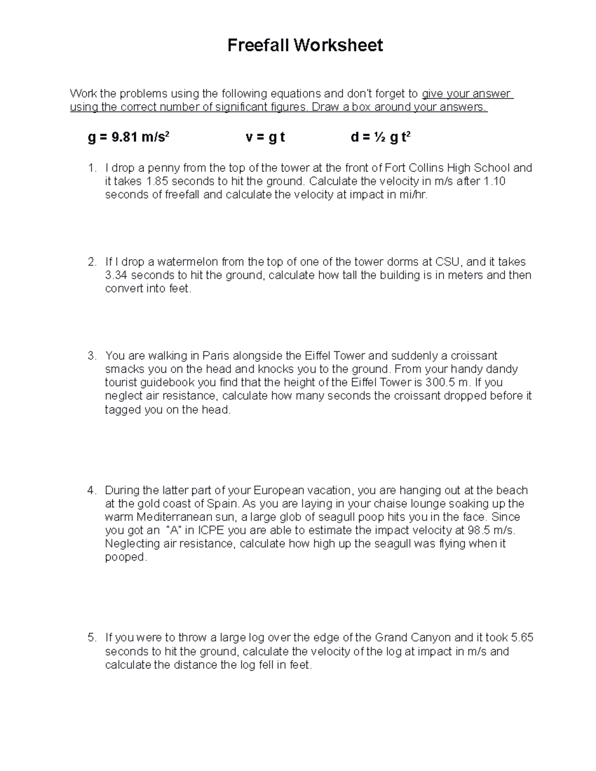 Freefall Problems Worksheet - Physics 101 - Studocu