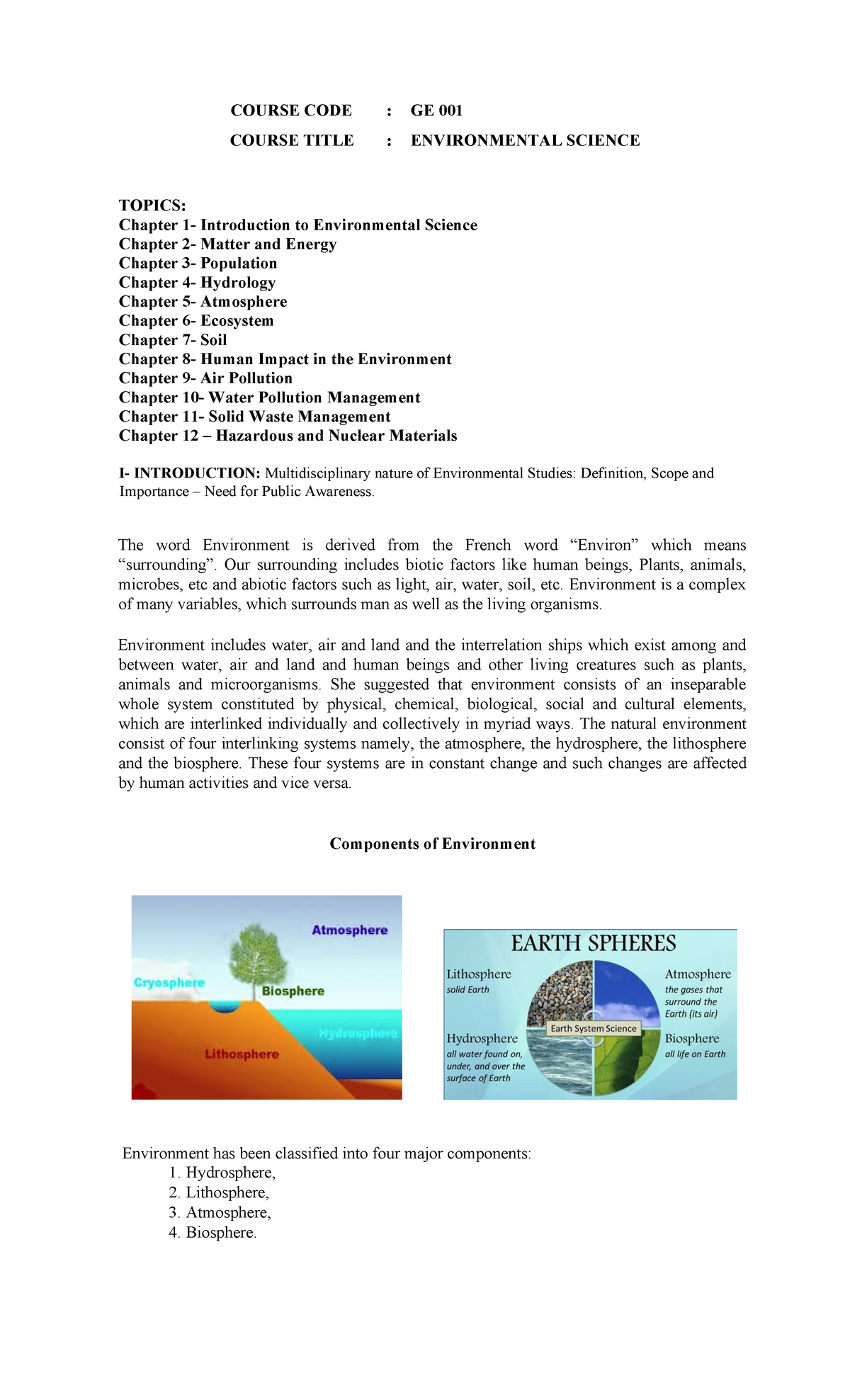 GE 001 Environmental Science: Comprehensive Overview of Key Topics ...