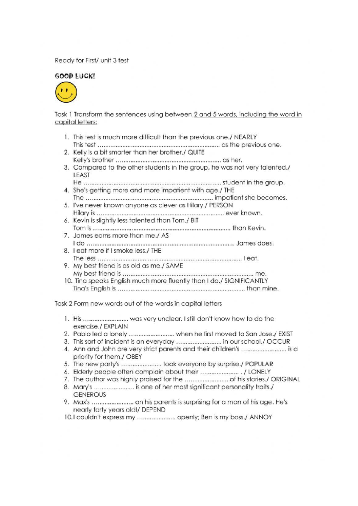 Fce unit 3 revision - Ready For First Unit 1 Test - Ready for unit 3 ...