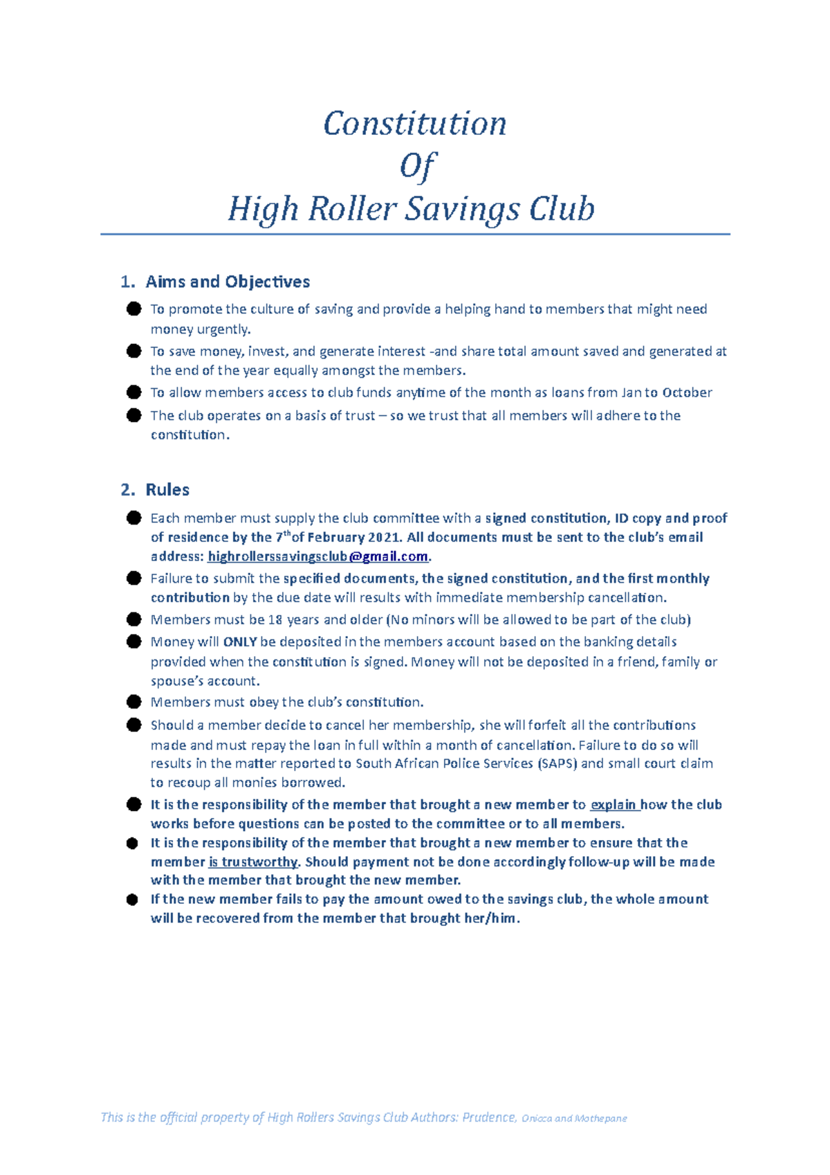 High Rollers Savings Club Constitution 2021: Aims, Rules, and Loans ...
