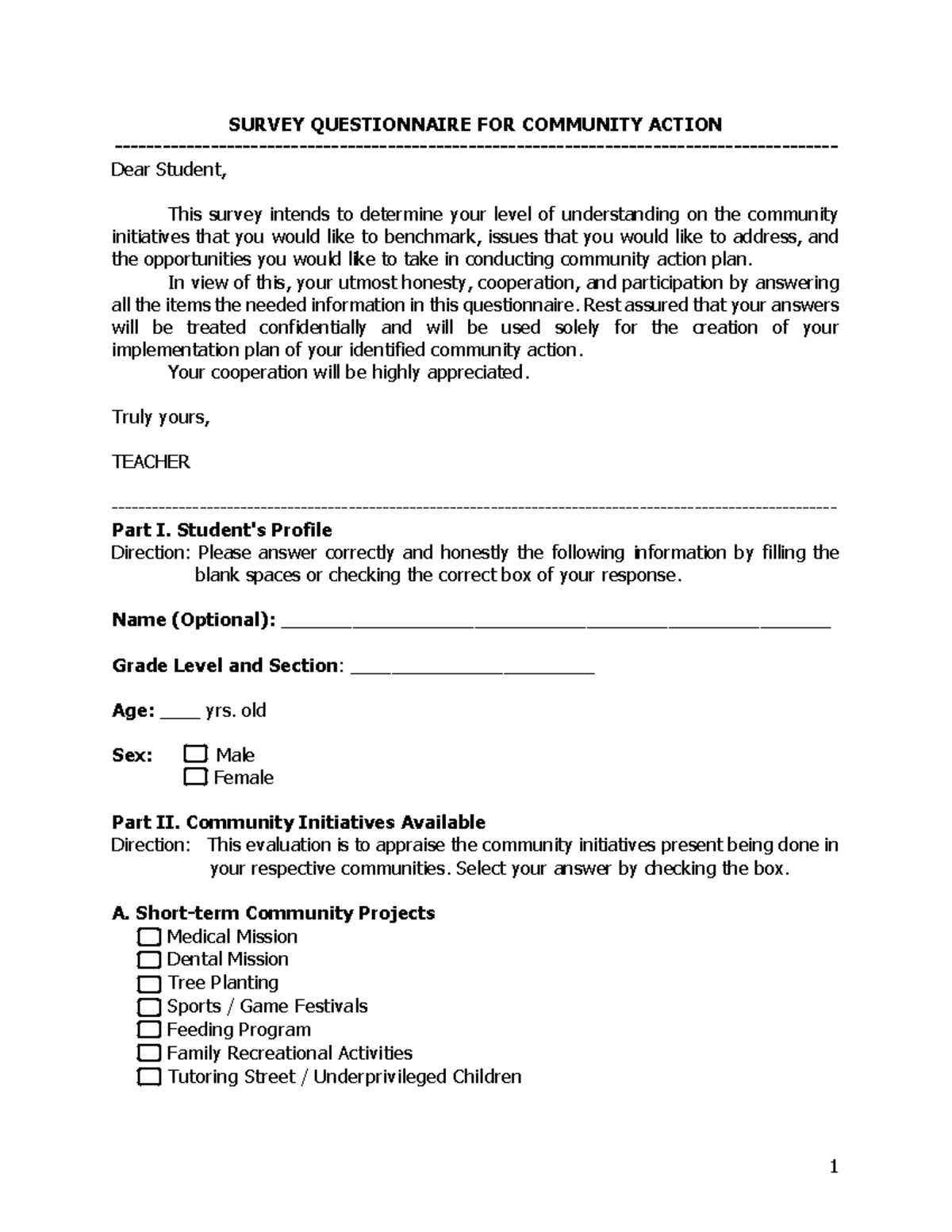 Survey Questionnaire for Community Action Initiatives and Issues - Studocu