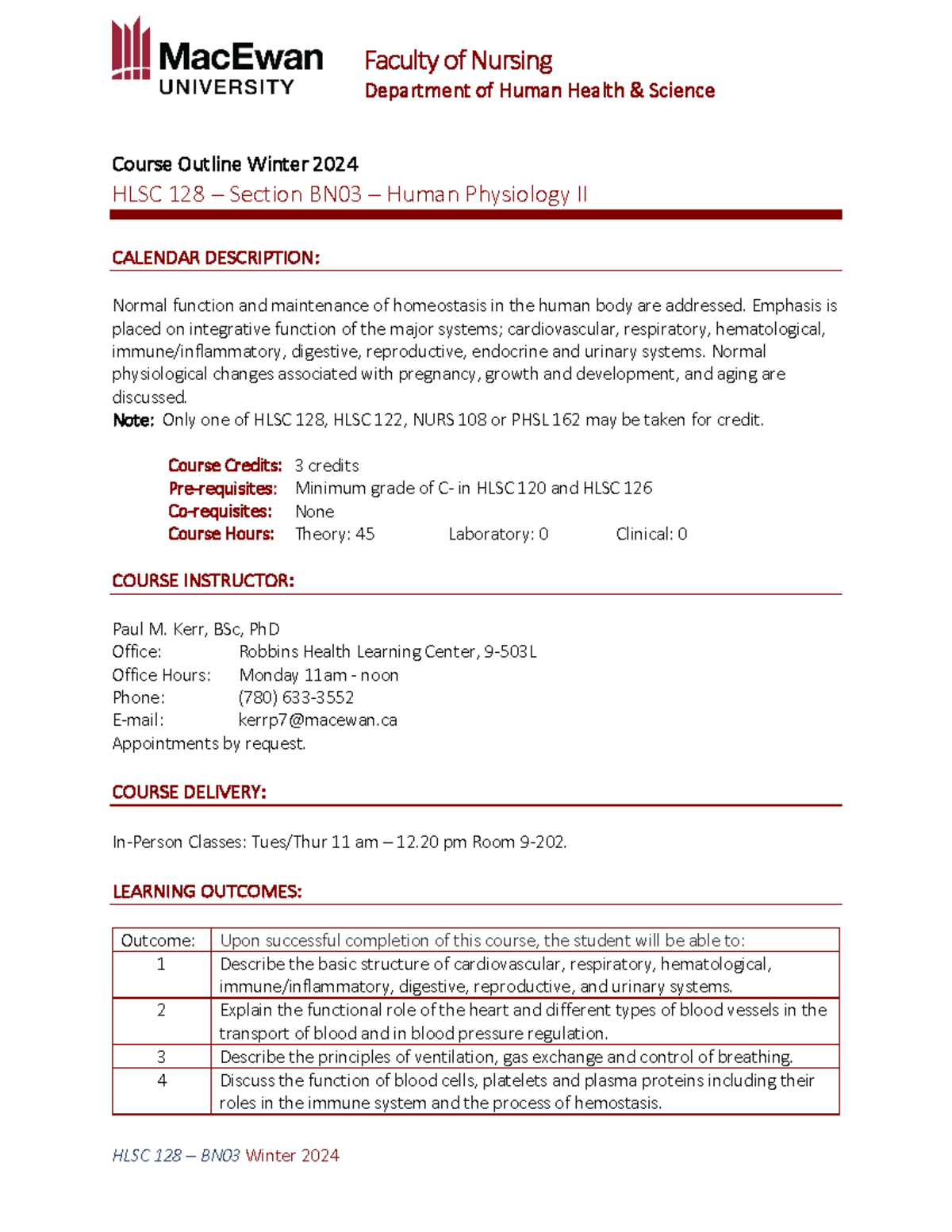 HLSC 128 BN03 Winter 2024 Course Outline: Human Physiology II - Studocu
