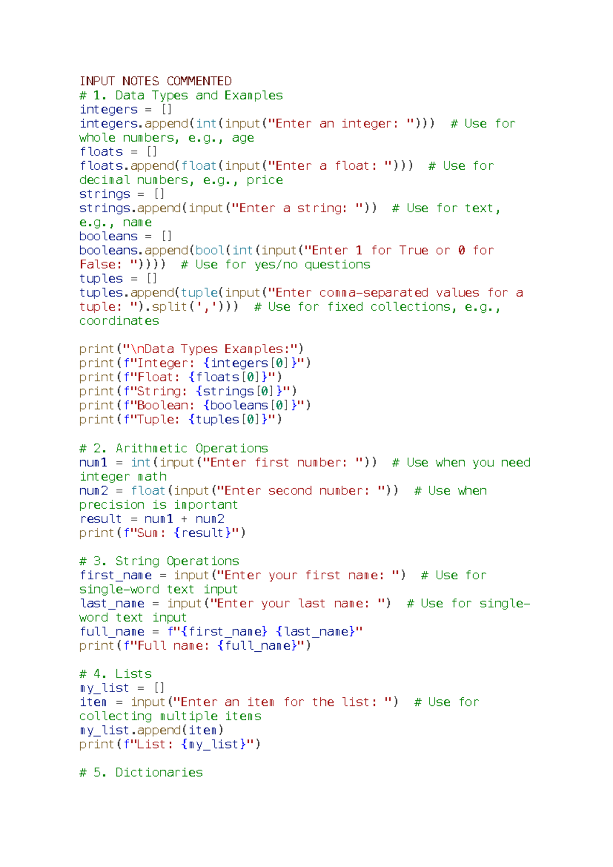 Input Notes Commented: Data Types, Operations & Structures - Studocu