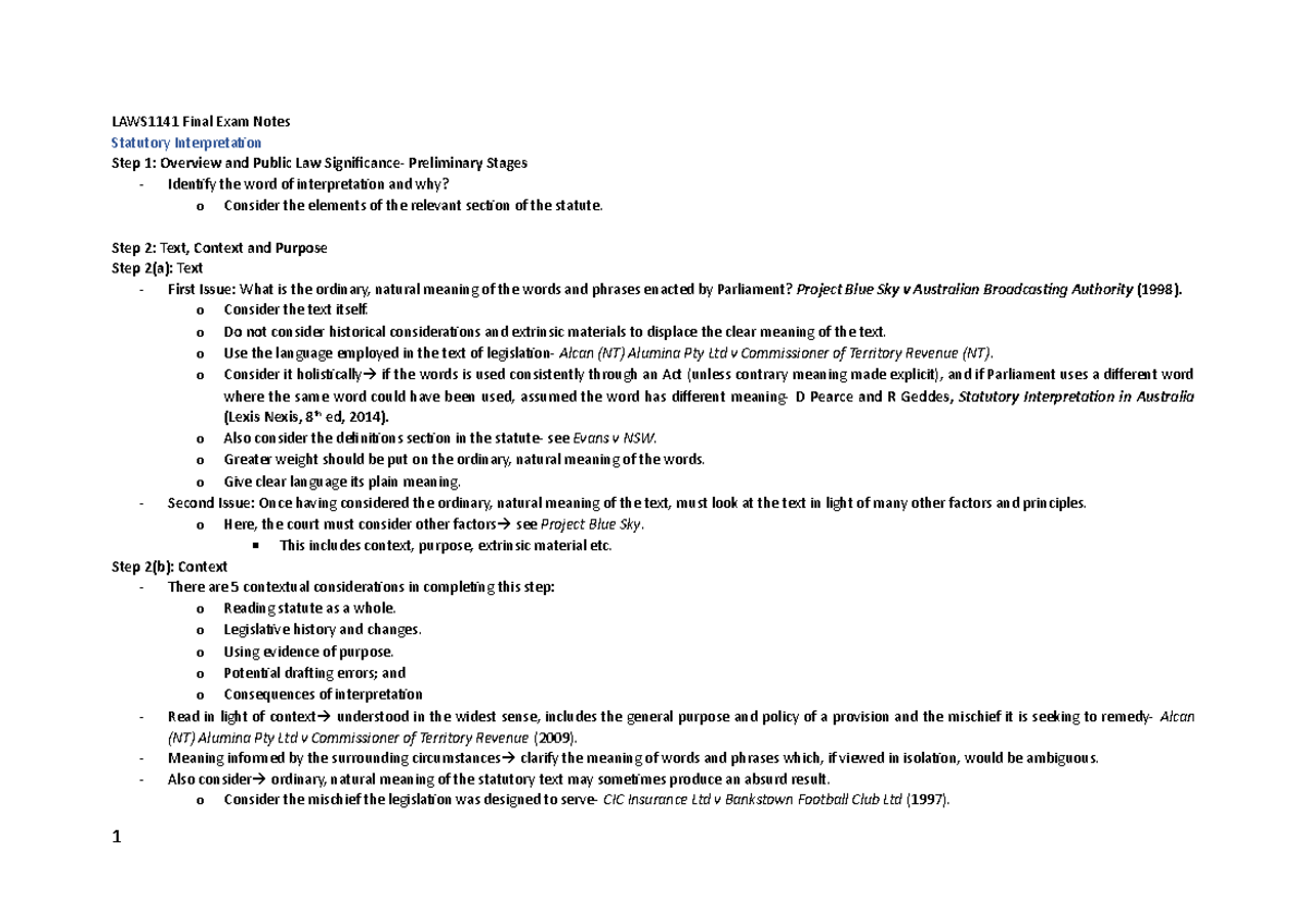 LAWS1141 Final Exam Notes - LAWS1141 Final Exam Notes Statutory ...