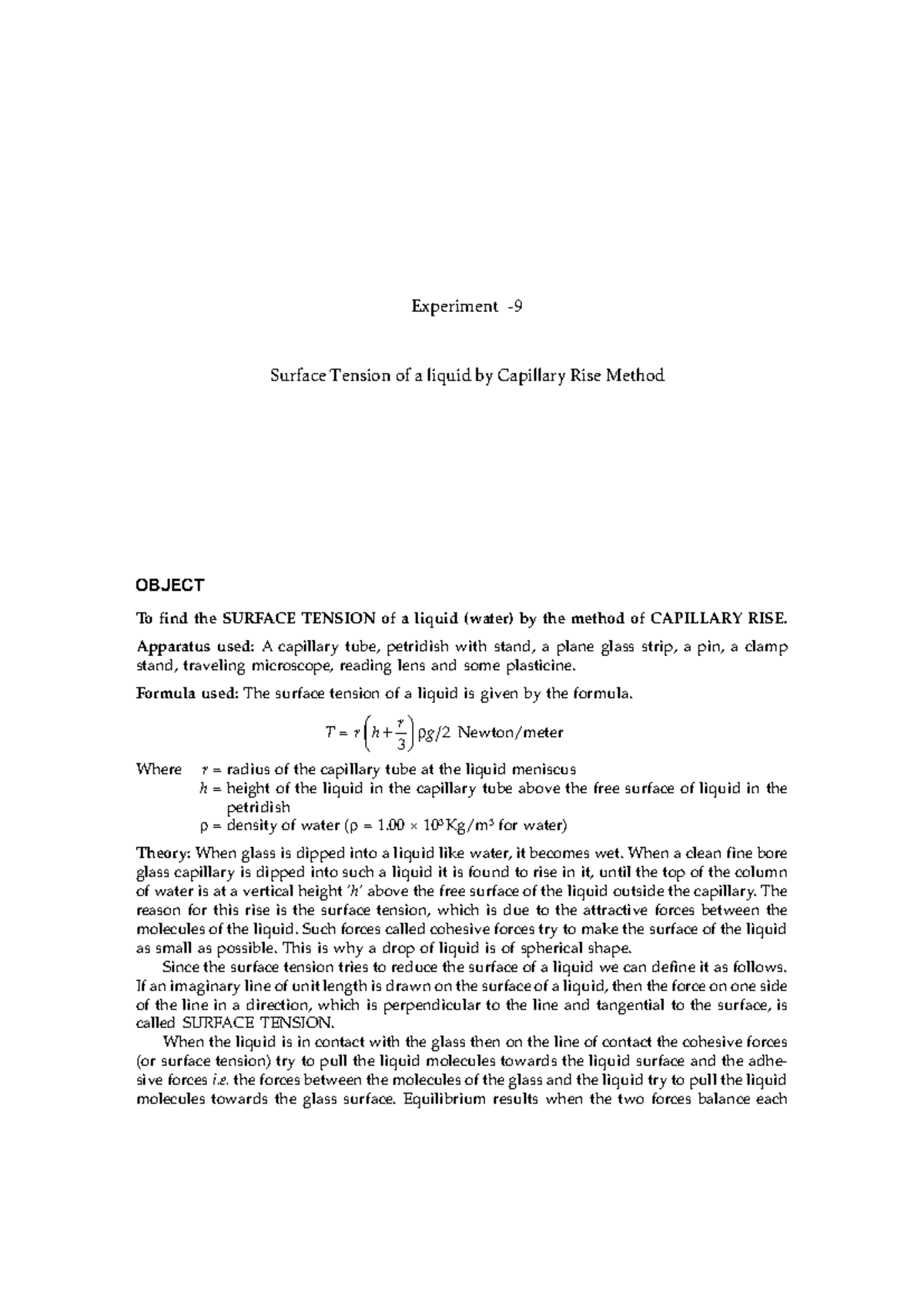 9. Capillary rise method - Lab I - Studocu
