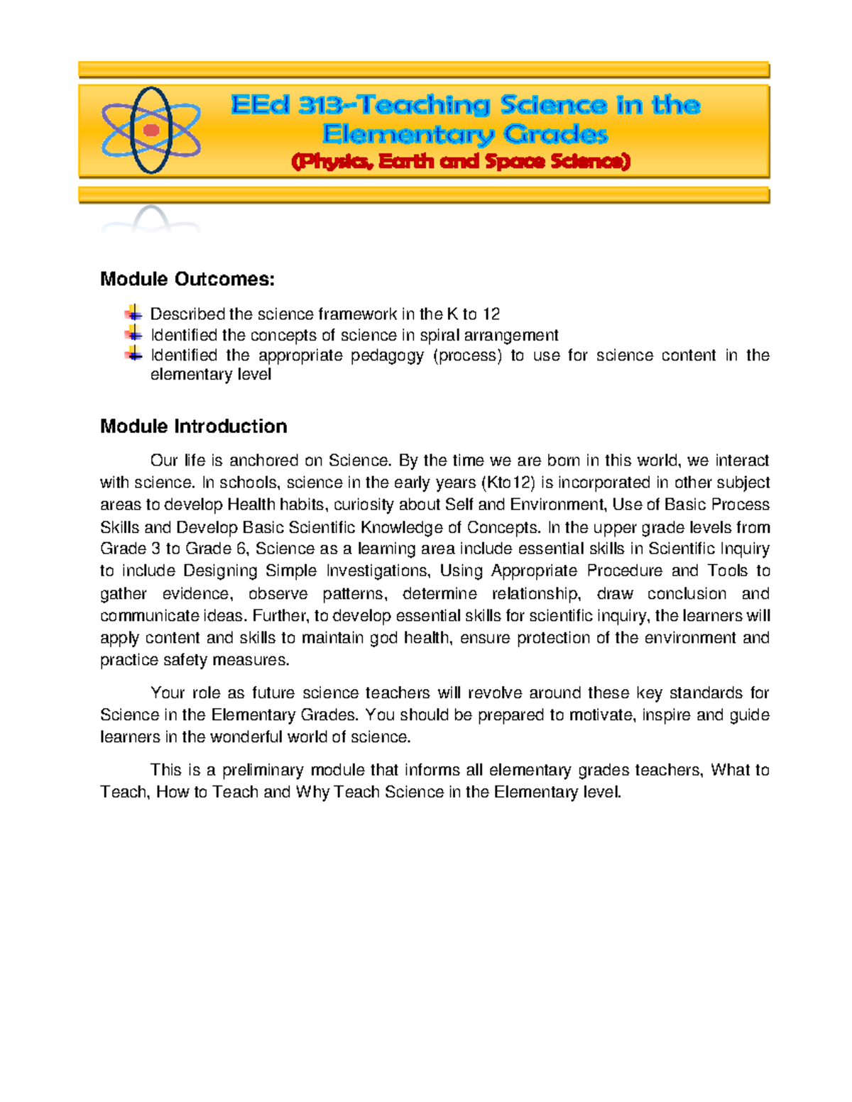 EED 313 Lesson 1 - Science Framework for K to 12 Overview - Studocu