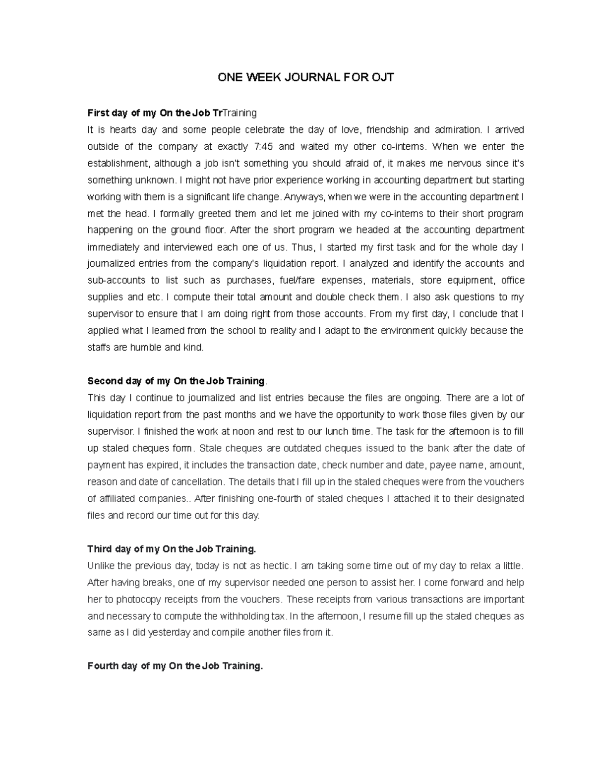 OJT Journal for Management Accounting 8: Weekly Progress Report - Studocu