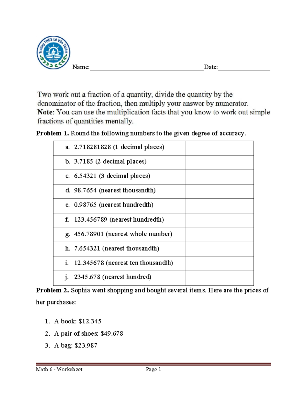 Worksheet 15: Rounding Numbers & Estimating Costs - Math 6 - Studocu