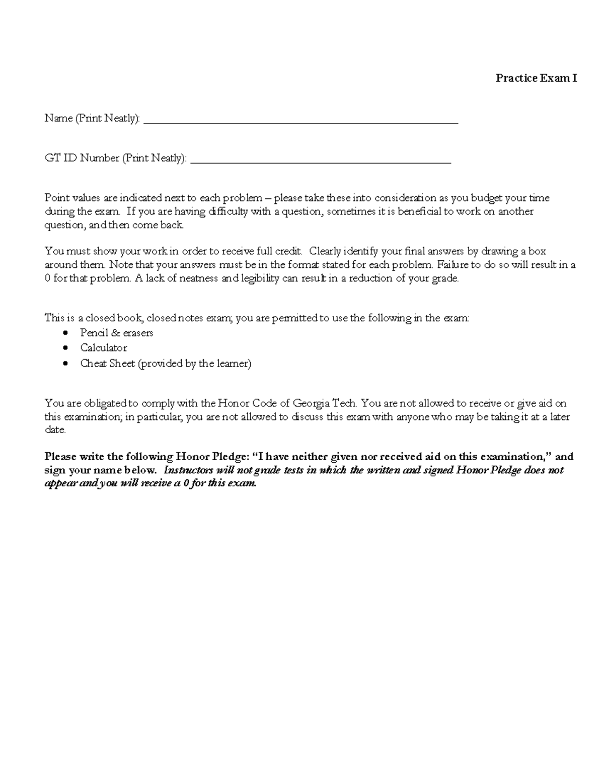 Practice Exam I - FWEFW - Practice Exam I Name (Print Neatly): - Studocu