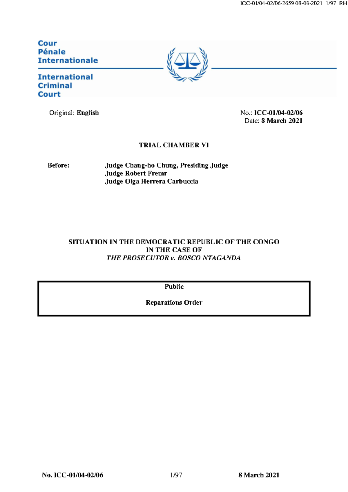 Reparations Order for Victims in the Case of Prosecutor v. Bosco ...